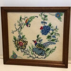 Vintage 16x15 Embroidery Cross-stitch Calibri Hummingbird Floral Flower Framed
